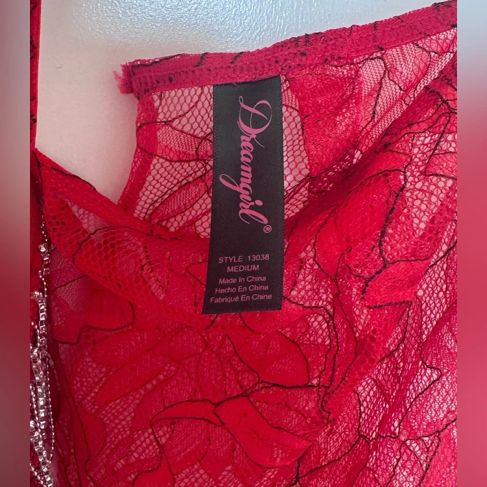 Dreamgirl | Red Lace Rhinestone Fringe Two-Piece Set | Halter Top | Midi Skirt